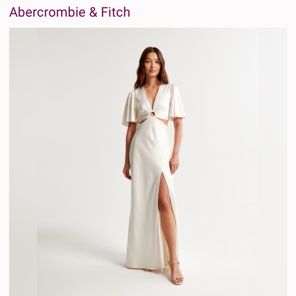 Abercrombie & Fitch Ivory Maxi Slit Dress with Cape Sleeves